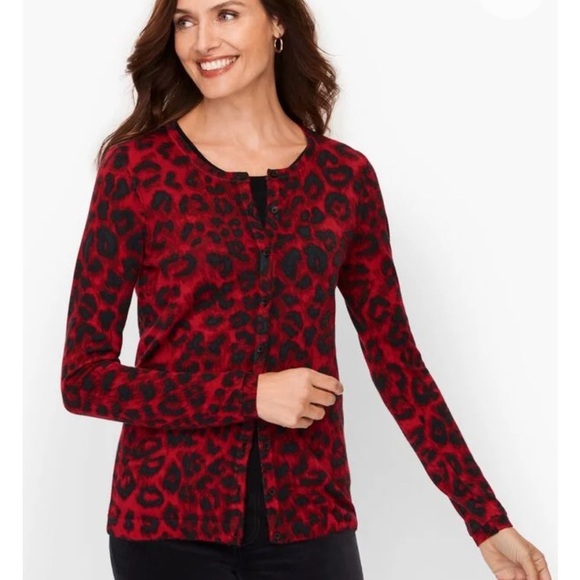 Talbots Women’s Plus 3X Cardigan Pure Merino Wool Red Leopard Print - Picture 2 of 7